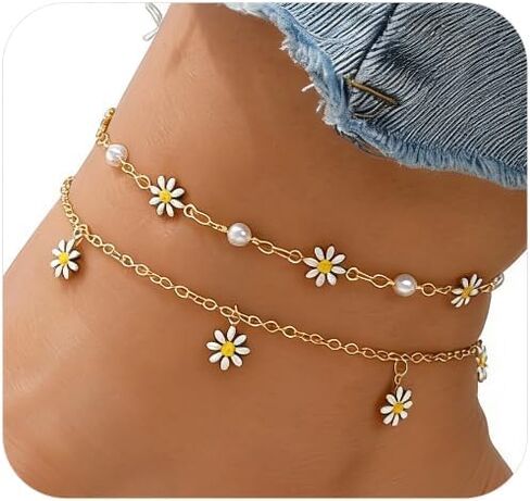 Layered Gold Daisy Sunflowers Anklets for Women Teen Girls, Boho Pearl Floral Paperclip Chain Link Bracelets Anklets, Ideal Holiday Gift for Girls in Kuwait