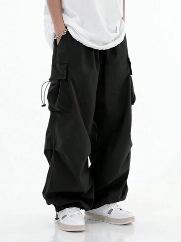 Men's Oversized Cargo Pants, Black, Wide Leg, Multiple Pockets, Drawstring Hem, Streetwear Style in Saudi Arabia