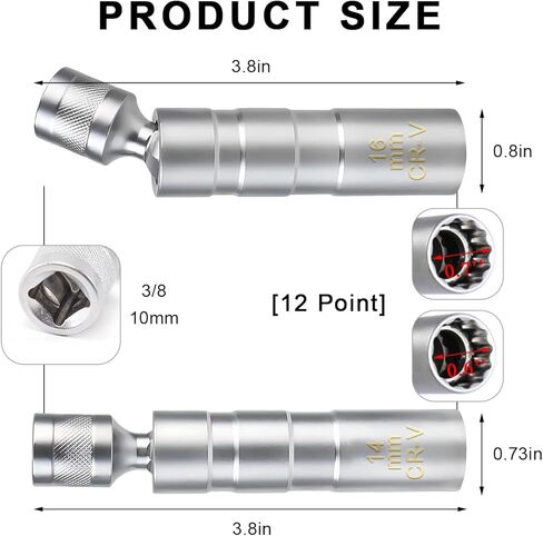 2PCS 14mm & 16mm Magnetic Swivel Spark Plug Socket, 360 Degree Swivel Thin Wall Spark Plug Sockets, 3/8-Inch Drive 12 Point Magnetic Socket Removal Tool for Cars Trucks SUVs in Saudi Arabia