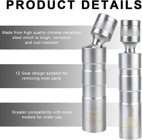 2PCS 14mm & 16mm Magnetic Swivel Spark Plug Socket, 360 Degree Swivel Thin Wall Spark Plug Sockets, 3/8-Inch Drive 12 Point Magnetic Socket Removal Tool for Cars Trucks SUVs in Saudi Arabia