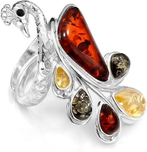 Sterling Silver Multicolor Baltic Amber Peacock Cocktail Ring – Adjustable Open Shank in Saudi Arabia