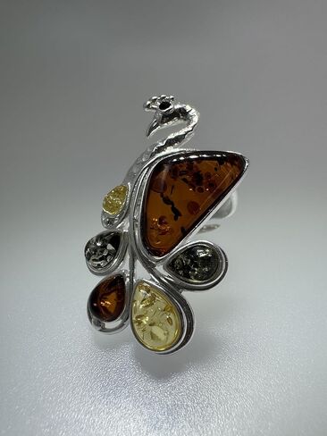 Sterling Silver Multicolor Baltic Amber Peacock Cocktail Ring – Adjustable Open Shank in Saudi Arabia