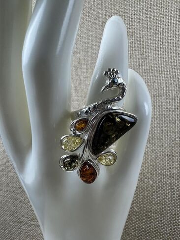 Sterling Silver Multicolor Baltic Amber Peacock Cocktail Ring – Adjustable Open Shank in Saudi Arabia