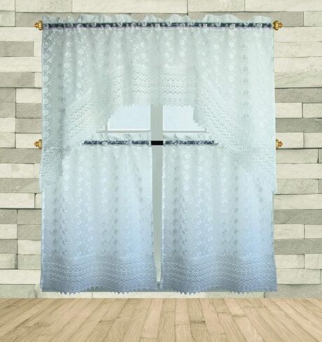 BH Home & Linen 3-Piece Floral Embroidered Window Kitchen Curtains Set (Majestic Green) in Saudi Arabia