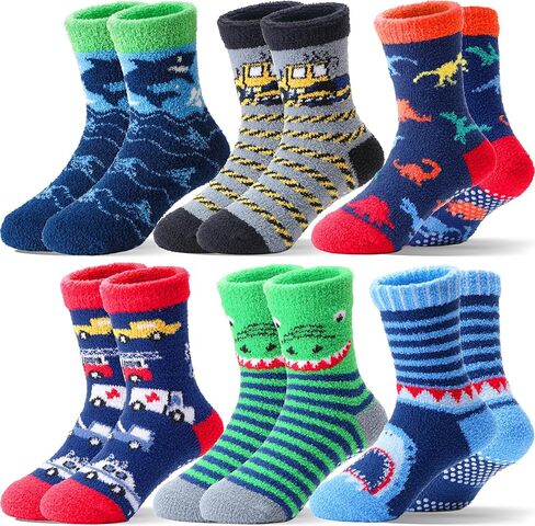 جوارب Welwoos للأطفال والأولاد الصغار ذات النعال الغامضة مع مقابض غير قابلة للانزلاق دافئة شتوية سميكة وممتعة ومريحة للمستشفى 6 أزواج in Kuwait
