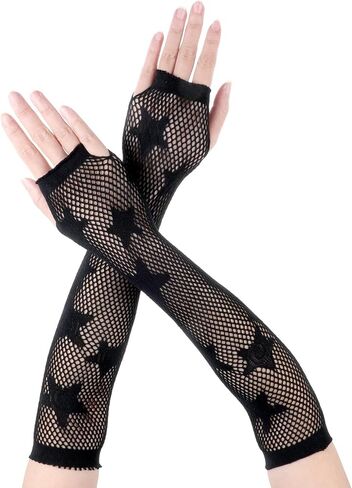 Yolev Fishnet Gloves Fingerless Five-Pointed Star Gloves Long Fishnet Arm Sleeves Black Mesh Gloves for Women Cosplay Punk 80s Emo Party Halloween Costume Scene Accessories in Saudi Arabia