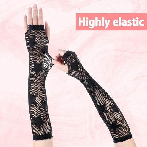 Yolev Fishnet Gloves Fingerless Five-Pointed Star Gloves Long Fishnet Arm Sleeves Black Mesh Gloves for Women Cosplay Punk 80s Emo Party Halloween Costume Scene Accessories in Saudi Arabia