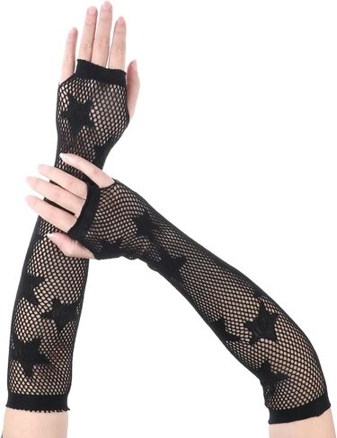 Yolev Fishnet Gloves Fingerless Five-Pointed Star Gloves Long Fishnet Arm Sleeves Black Mesh Gloves for Women Cosplay Punk 80s Emo Party Halloween Costume Scene Accessories in Saudi Arabia