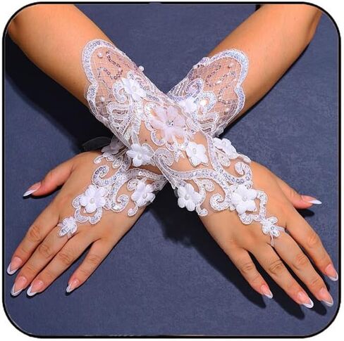 Latious Fingerless Flower Lace Gloves White Wedding Gloves Pearl Bridal Accessories for Women and Brides in Saudi Arabia