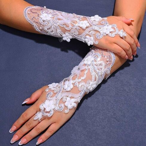 Latious Fingerless Flower Lace Gloves White Wedding Gloves Pearl Bridal Accessories for Women and Brides in Saudi Arabia
