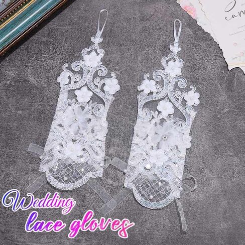 Latious Fingerless Flower Lace Gloves White Wedding Gloves Pearl Bridal Accessories for Women and Brides in Saudi Arabia