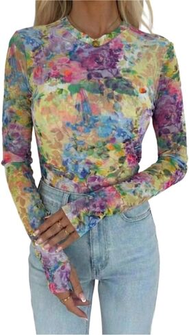 CHICME Womens Floral Mesh Long Sleeve Tops Crewneck See Through Fitted Shirts Sexy Sheer Going Out Blouses in Saudi Arabia