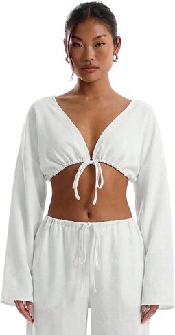 SweatyRocks Women's Tie Front Long Sleeve Loose Crop Blouses Deep V Neck Beach Vacation Top in Saudi Arabia
