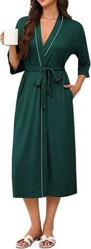 Ekouaer Robes for Women Long Knit Bathrobe Lightweight 3/4 Sleeves Kimono Robe Soft Sleepwear with Pockets(Deep Green, Large) in Saudi Arabia
