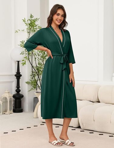 Ekouaer Robes for Women Long Knit Bathrobe Lightweight 3/4 Sleeves Kimono Robe Soft Sleepwear with Pockets(Deep Green, Large) in Saudi Arabia