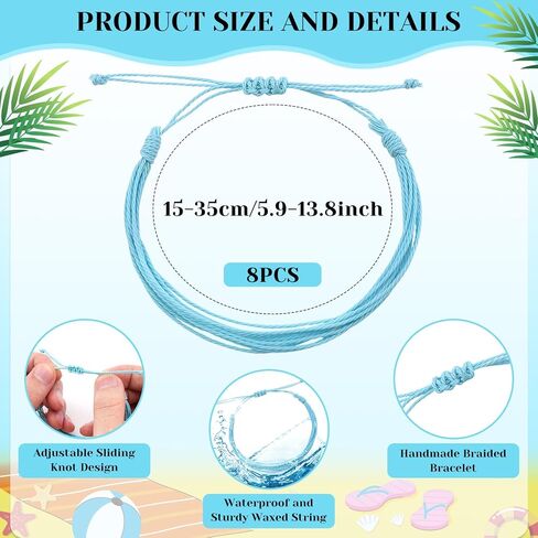 8Pcs Boho Surfer Bracelets Blue Anklets Handmade Braided Bracelet Adjustable Summer String Anklets Wax Coated Rope Woven Bracelet Waterproof Beach Bracelets for Women Men in Saudi Arabia