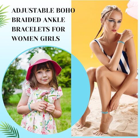 8Pcs Boho Surfer Bracelets Blue Anklets Handmade Braided Bracelet Adjustable Summer String Anklets Wax Coated Rope Woven Bracelet Waterproof Beach Bracelets for Women Men in Saudi Arabia