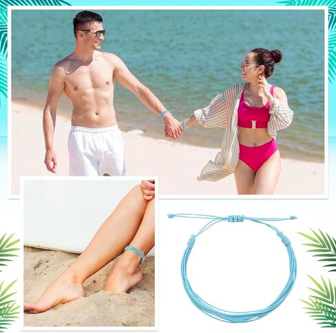 8Pcs Boho Surfer Bracelets Blue Anklets Handmade Braided Bracelet Adjustable Summer String Anklets Wax Coated Rope Woven Bracelet Waterproof Beach Bracelets for Women Men in Saudi Arabia