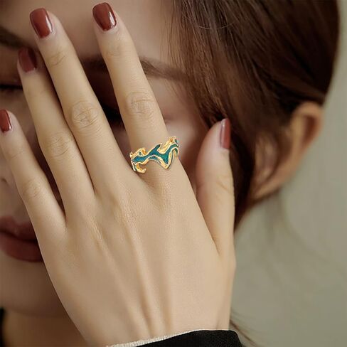 Ornaland 925 Sterling Silver Open Ring Adjustable Oil Drip Irregular Enamel Ring Finger Ring Joint Stackable Ring Jewellery Gifts for Women, Gold in Saudi Arabia