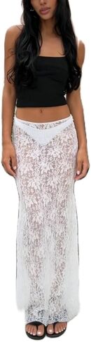 Women Lace Long Skirt Satin High Waist A-line Midi Skirt Y2K Summer Elegant Beach Party Maxi Skirts in Kuwait