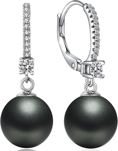 Jiamiao Pearl Earrings Drop for Women Dangle Drop Earrings 925 Sterling Silver Leverback Pearl Drop Earrings 10mm Black/Pearl and Diamond Earrings Jewelry for Women in Kuwait