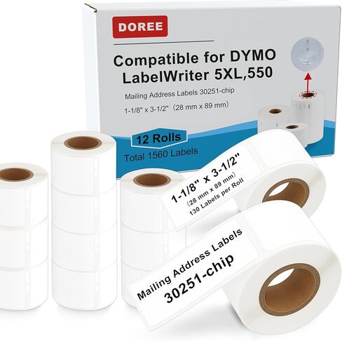 DOREE 12-Roll 1-1/8" x 3-1/2" ملصقات عنوان بريدية 30251 مع رقاقة، متوافقة مع طابعات الملصقات 550 5XL 450 4XL. (ملصقات عنوان كاتب الملصقات 30251، أبيض، إجمالي 12 لفة 1560) in Kuwait