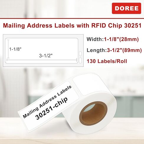 DOREE 12-Roll 1-1/8" x 3-1/2" ملصقات عنوان بريدية 30251 مع رقاقة، متوافقة مع طابعات الملصقات 550 5XL 450 4XL. (ملصقات عنوان كاتب الملصقات 30251، أبيض، إجمالي 12 لفة 1560) in Kuwait