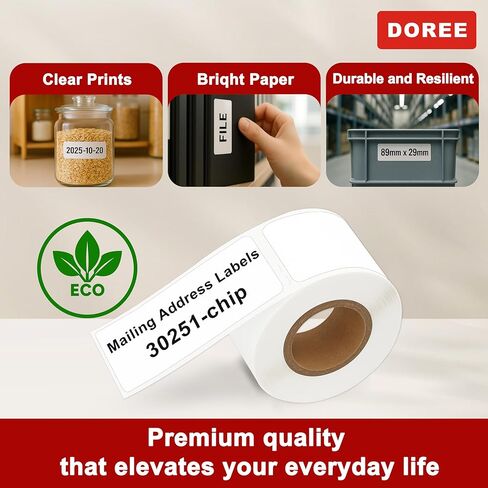 DOREE 12-Roll 1-1/8" x 3-1/2" ملصقات عنوان بريدية 30251 مع رقاقة، متوافقة مع طابعات الملصقات 550 5XL 450 4XL. (ملصقات عنوان كاتب الملصقات 30251، أبيض، إجمالي 12 لفة 1560) in Kuwait