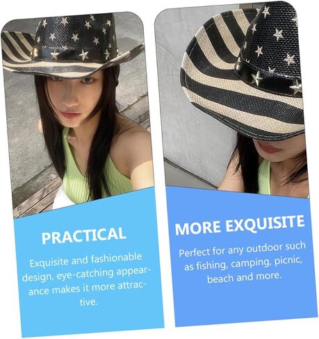 ARTIBETTER American Flag Cowboy Hat Vintage Straw Western Hat Unisex Summer Sun Protection 4th of July Independence Day Festival Accessories Black in Saudi Arabia