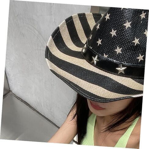 ARTIBETTER American Flag Cowboy Hat Vintage Straw Western Hat Unisex Summer Sun Protection 4th of July Independence Day Festival Accessories Black in Saudi Arabia