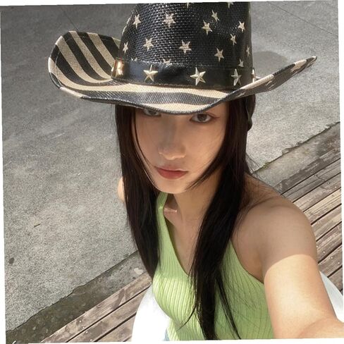 American Flag Cowboy Hat Straw Summer Hat for Men Unisex Patriotic 4th of July Sun Protection Western Style Black in Saudi Arabia