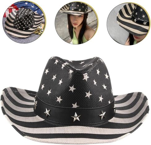 American Flag Cowboy Hat Straw Summer Hat for Men Unisex Patriotic 4th of July Sun Protection Western Style Black in Saudi Arabia