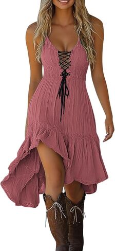 Summer Dresses for Women 2026 Casual Vintage Sleeveless Sundress Flowy Ruffle Drawstring Corset Beach Midi Dress in Saudi Arabia