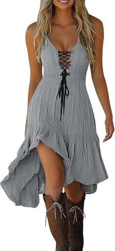 Summer Dresses for Women 2026 Casual Vintage Sleeveless Sundress Flowy Ruffle Drawstring Corset Beach Midi Dress in Saudi Arabia