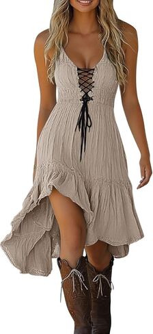 Summer Dresses for Women 2026 Casual Vintage Sleeveless Sundress Flowy Ruffle Drawstring Corset Beach Midi Dress in Saudi Arabia