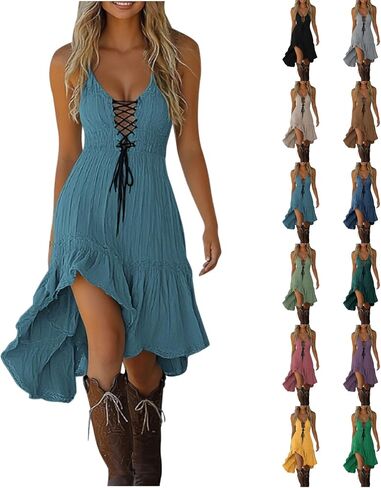 Summer Dresses for Women 2026 Casual Vintage Sleeveless Sundress Flowy Ruffle Drawstring Corset Beach Midi Dress in Saudi Arabia