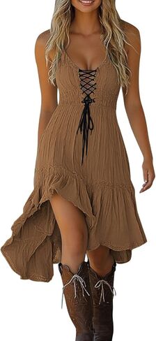 Summer Dresses for Women 2026 Casual Vintage Sleeveless Sundress Flowy Ruffle Drawstring Corset Beach Midi Dress in Saudi Arabia