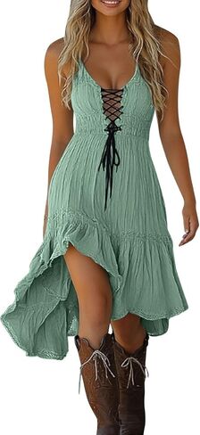 Summer Dresses for Women 2026 Casual Vintage Sleeveless Sundress Flowy Ruffle Drawstring Corset Beach Midi Dress in Saudi Arabia