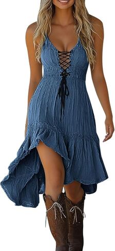 Summer Dresses for Women 2026 Casual Vintage Sleeveless Sundress Flowy Ruffle Drawstring Corset Beach Midi Dress in Saudi Arabia