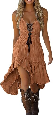 Summer Dresses for Women 2026 Casual Vintage Sleeveless Sundress Flowy Ruffle Drawstring Corset Beach Midi Dress in Saudi Arabia