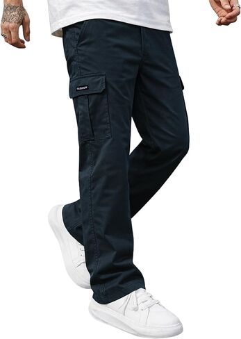 Men's Casual Cargo Pants Elastic Waist Hiking Work Pants Stretch Straight Leg Trousers with Multi Pockets in Kuwait