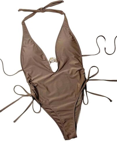 Womens Backless High Cut Halter Neck Monokini Swimsuit Casual Beach One-Piece Swimwear for Summer Vacation in Saudi Arabia