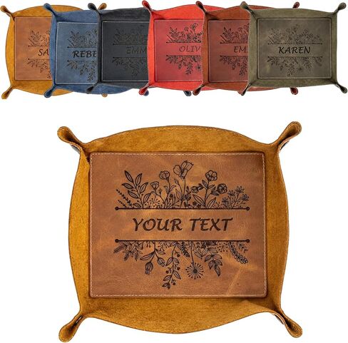Personalized Leather Tray with Custom Name & Botanical Design: Multi-Color Elegant Organizer for Jewelry, Keys, Coins & Accessories. Ideal Mother's Day Gift for Everyday Home Decor in Saudi Arabia