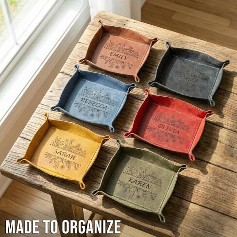 Personalized Leather Tray with Custom Name & Botanical Design: Multi-Color Elegant Organizer for Jewelry, Keys, Coins & Accessories. Ideal Mother's Day Gift for Everyday Home Decor in Saudi Arabia