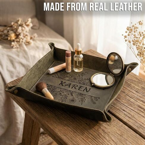 Personalized Leather Tray with Custom Name & Botanical Design: Multi-Color Elegant Organizer for Jewelry, Keys, Coins & Accessories. Ideal Mother's Day Gift for Everyday Home Decor in Saudi Arabia