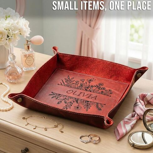 Personalized Leather Tray with Custom Name & Botanical Design: Multi-Color Elegant Organizer for Jewelry, Keys, Coins & Accessories. Ideal Mother's Day Gift for Everyday Home Decor in Saudi Arabia