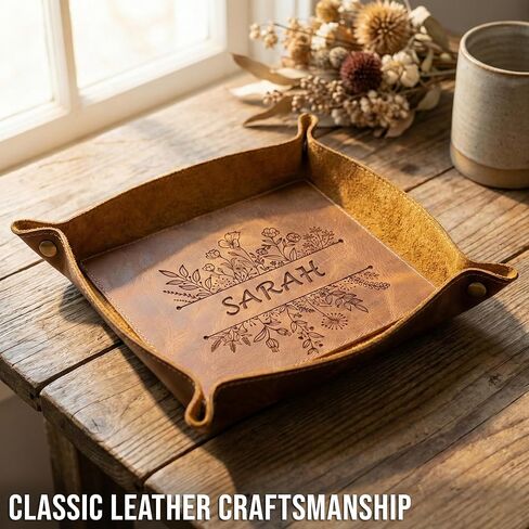 Personalized Leather Tray with Custom Name & Botanical Design: Multi-Color Elegant Organizer for Jewelry, Keys, Coins & Accessories. Ideal Mother's Day Gift for Everyday Home Decor in Saudi Arabia