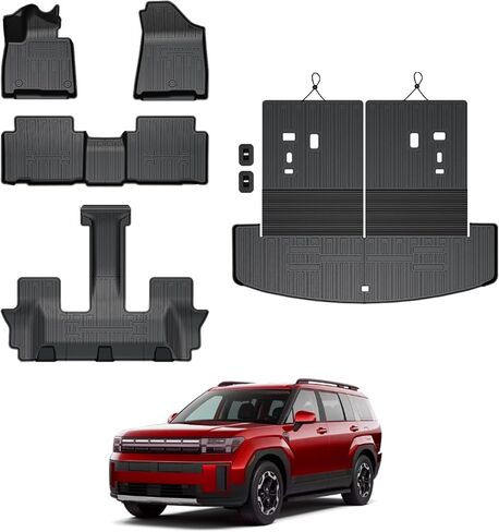 Floor Mats for 2024 2025 2026 Hyundai Santa Fe 6-Seat/7-Seat (Fit Hybrid and Fuel), All Weather TPE Floor Mat and 2-in-1 Cargo Mat with Backrest Mat for Santa Fe Accessories in Kuwait