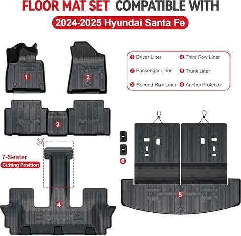 Floor Mats for 2024 2025 2026 Hyundai Santa Fe 6-Seat/7-Seat (Fit Hybrid and Fuel), All Weather TPE Floor Mat and 2-in-1 Cargo Mat with Backrest Mat for Santa Fe Accessories in Kuwait