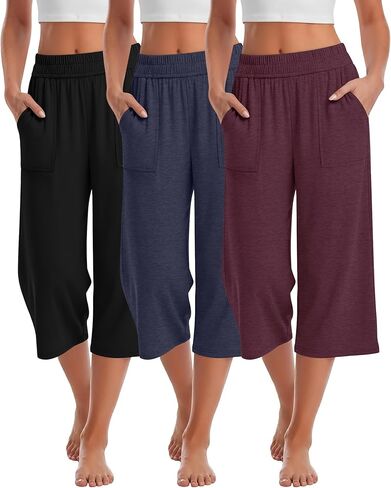 Neer 3 Pack Women's Capris Pants Cotton Wide Leg Sweatpants Lounge Casual Loose Fit Cropped Jogger Yoga Pant with Pockets in Saudi Arabia